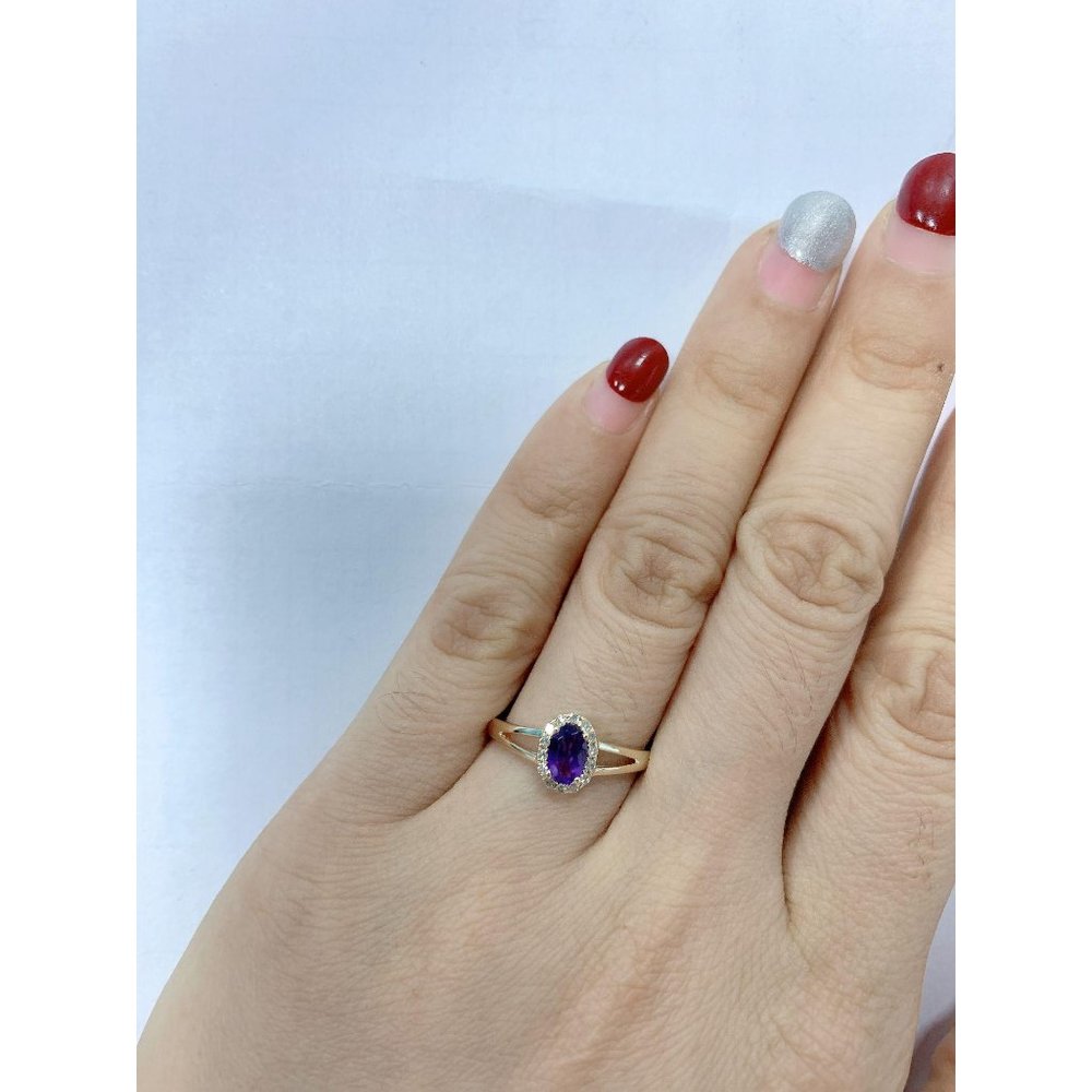 Halo Diamond Amethyst Gemstone Ring Yellow Gold